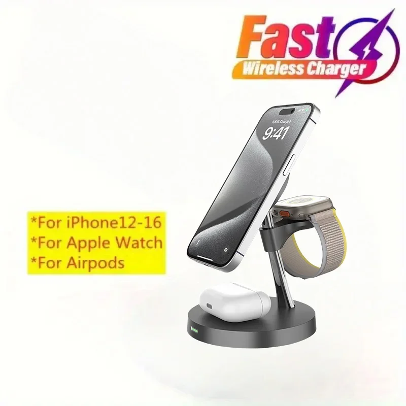 شاحن لاسلكي مغناطيسي 3 في 1 حامل قابل للتعديل لهاتف iPhone 17 16 15 14 Pro Max iWatch 10 9 8 AirPods Pro محطة شحن سريعة #2