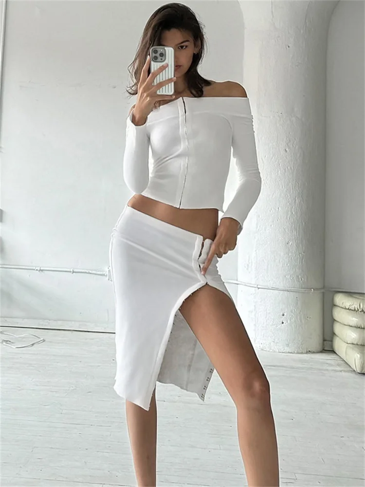 

Tossy Fashion Hollow Out 2 Piece-Set Skirt Women's Long Sleeve Bandeau Slim See-Through Patchwork Outfits Women's Skirt Sets