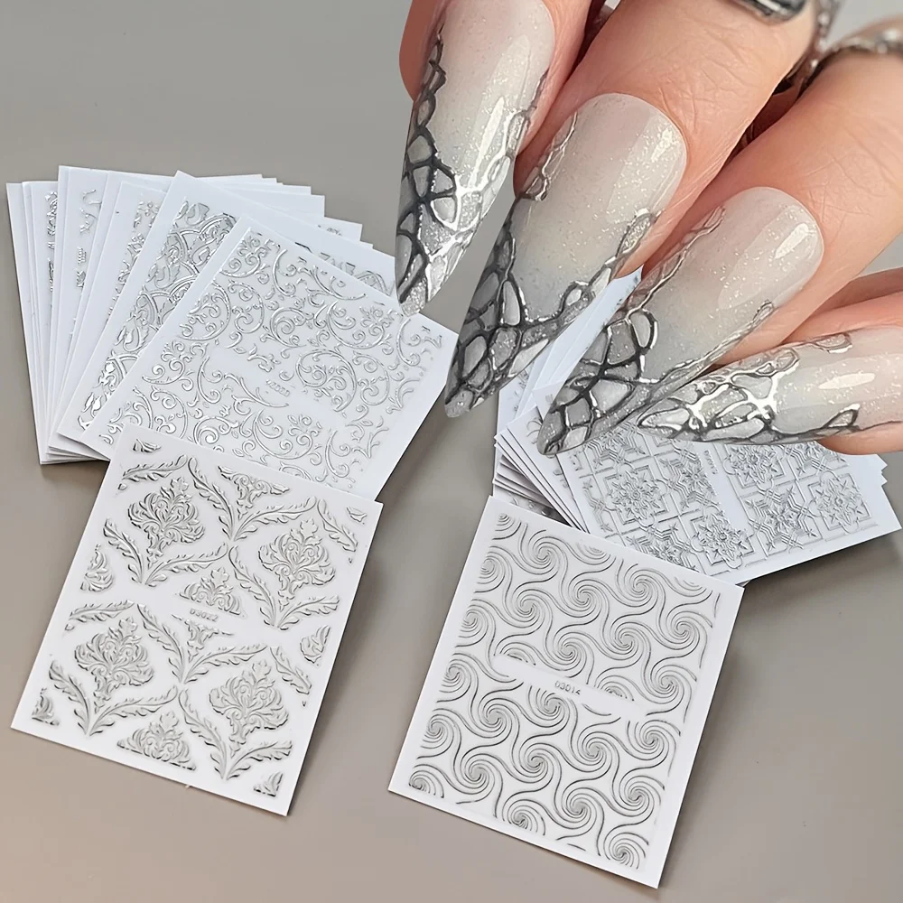 30 European Style 3D Nail Art Stickers - Self-adhesive floral vine embossed design with glitter embellishment