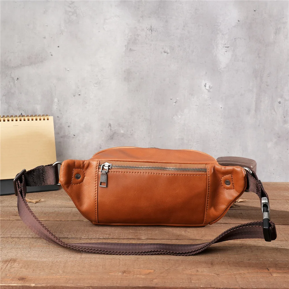 3619 Men's Genuine Leather Cowhide Leather Bag with Zipper Head Layer, Leather Phone Waist Bag,diagonal Cross Chest Bag