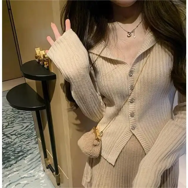 Knitted Cardigan Women's Korean Style Gentle Slim Fit Top Sweater for Outerwear Design Sense Lapel Jacket