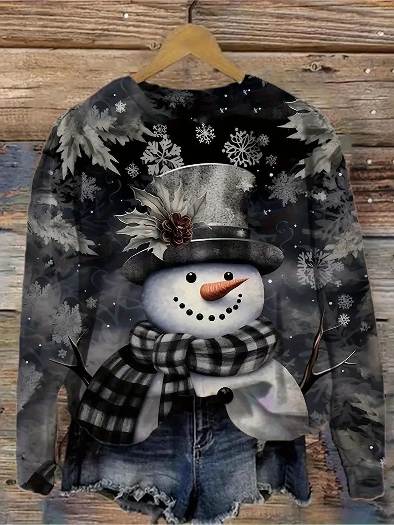 Women Long Sleeve T Shirt Round Neck Casual Tops Snowman Snowflake Plaid Scarf Print Christmas Fashion Loose Daily Wear