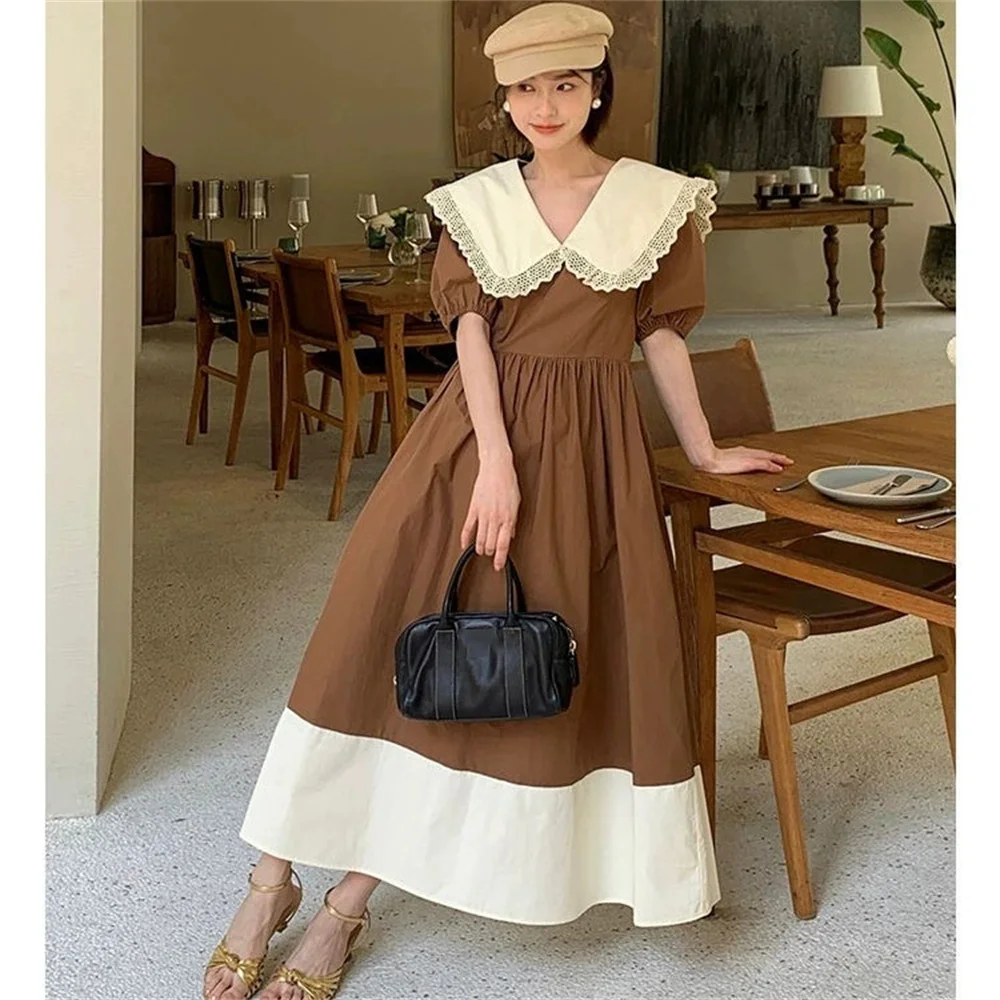 

Корейский стиль, весна-лето, новое тонкое платье с воротником Питера Пэна, женское черное длинное платье с высокой талией, милое платье принцессы с короткими рукавами