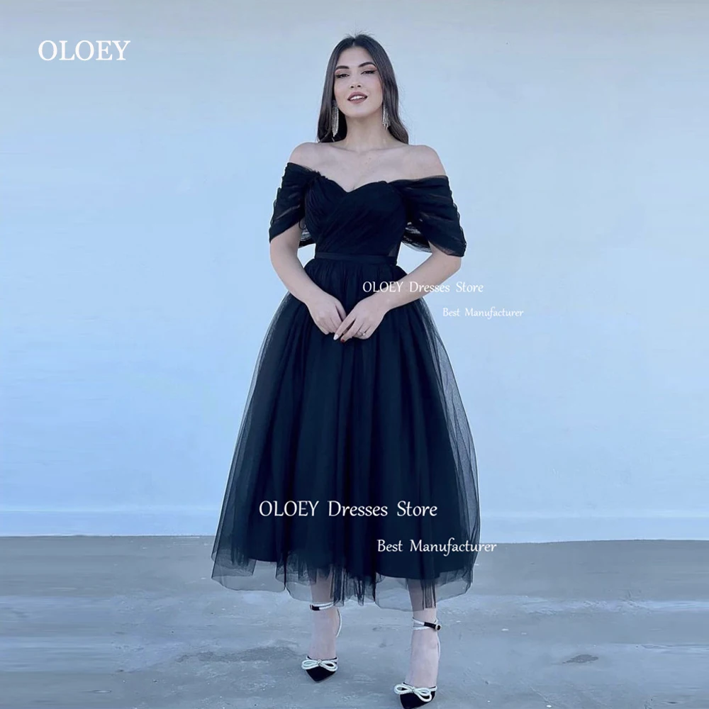 

OLOEY Sexy Off the Shoulder Black Prom Dresses Tulle Sleeves Tea Length Evening Formal Party Gowns Plus Size Women Wedding Party