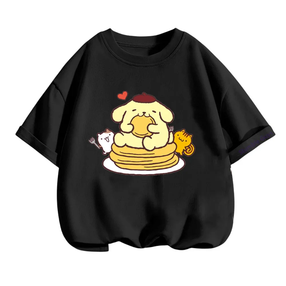 Kawaii Anime Pom Pom Purin Cut Cartoon Boys Clothes Girls Summer Short Sleeve Teen T-shirt Versatile Loose Top Birthday Gift