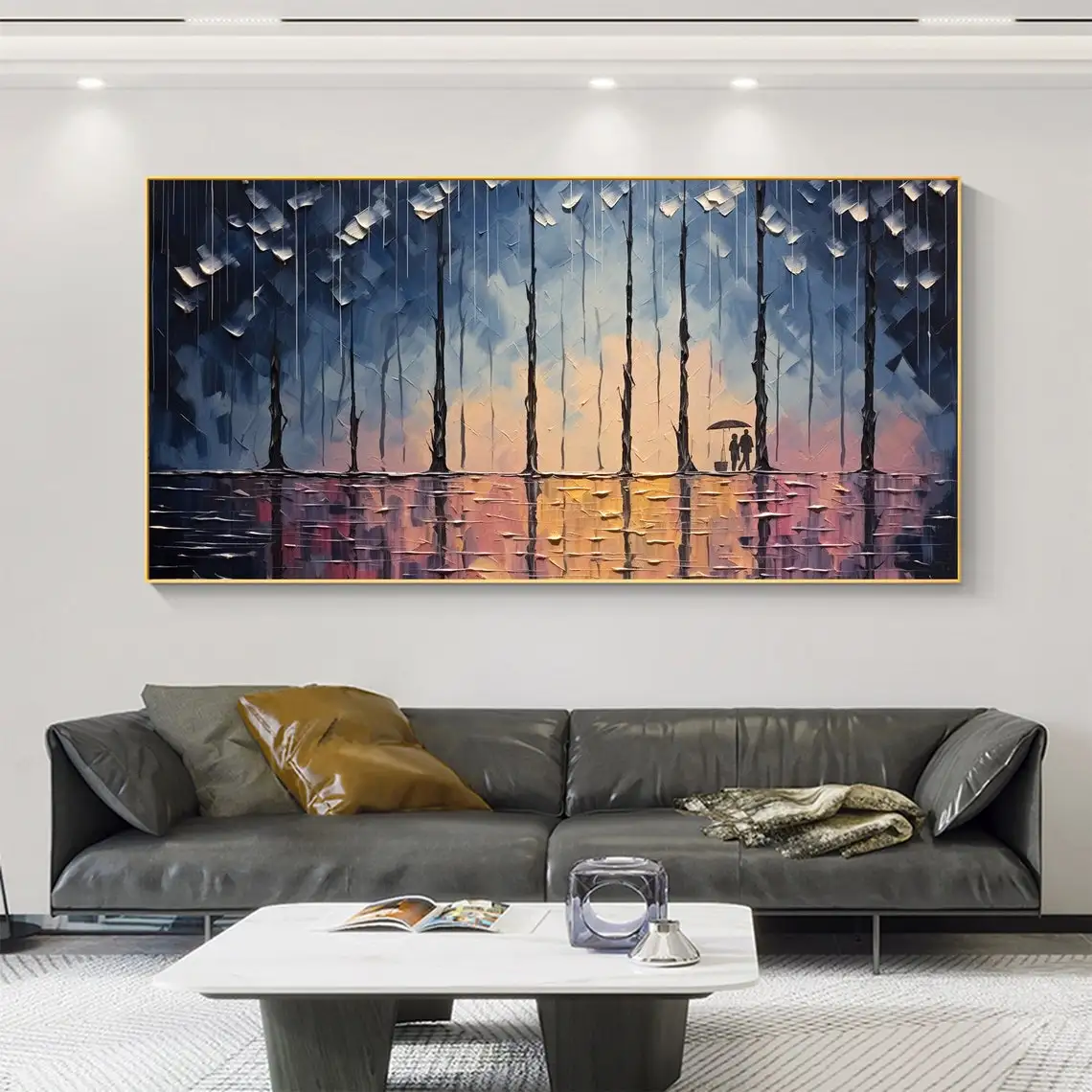 Large Abstract Rain Scenery Oil Painting Hanmade on Canvas Forest Painting Texture Wall Art Living Room Home Decor Wall Decor