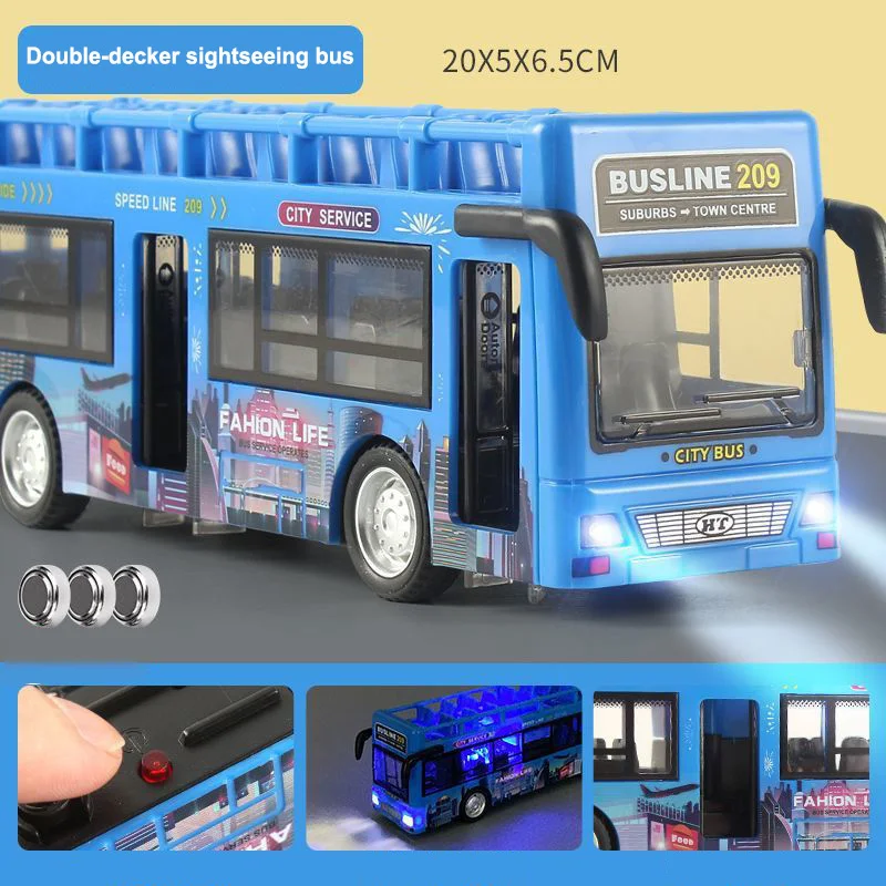 Nuovo modello di autobus turistico a due piani Simulazione di inerzia Può aprire la porta Musica leggera Modello di auto pubblica Regalo di compleanno per bambini