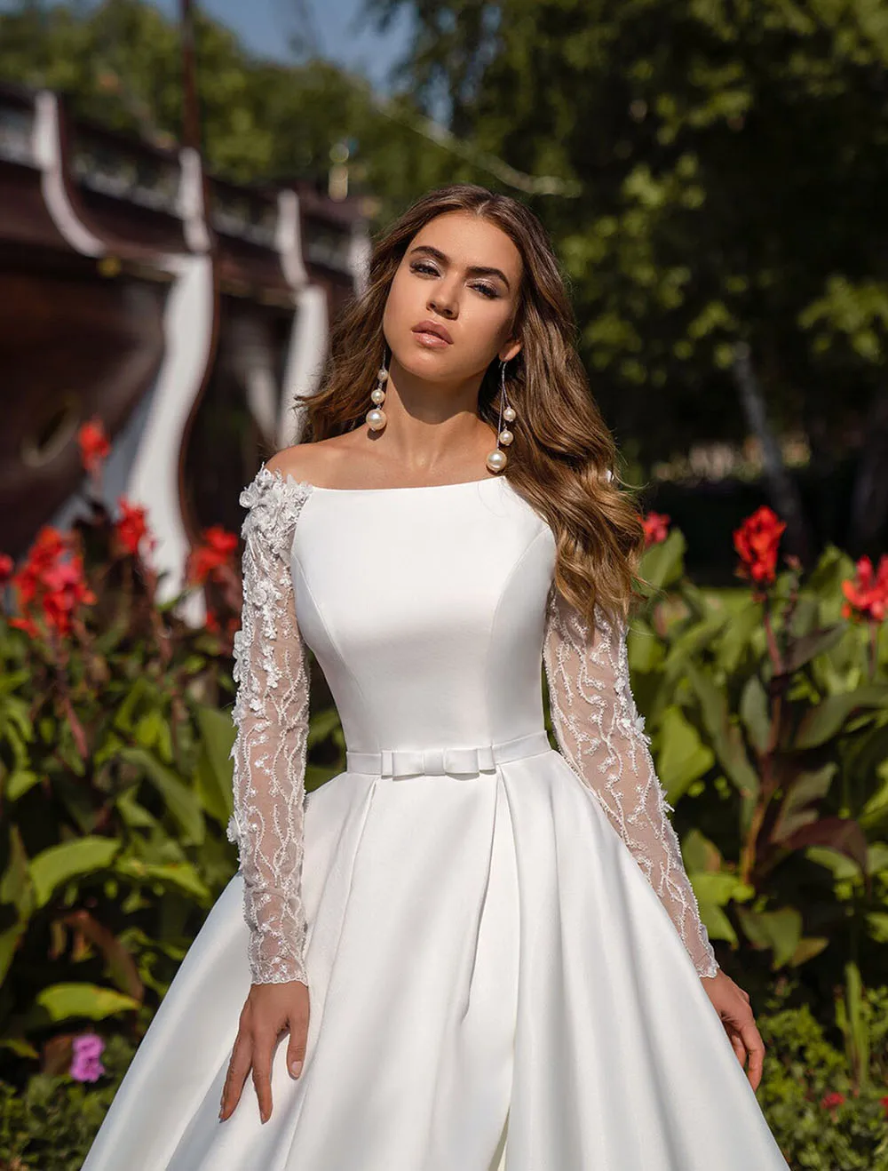 Vestidos de casamento de mangas compridas cetim aberto de volta a linha vestido de casamento de dubai com cinto vestido de noiva longo feminino