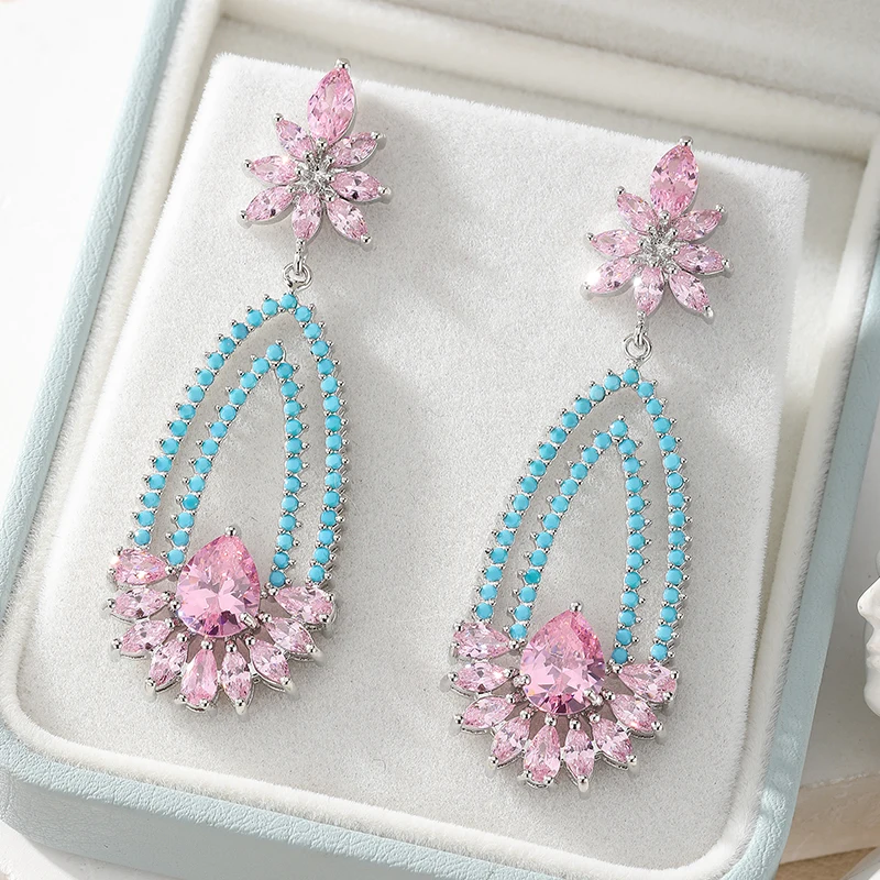 SENYU Luxe Oval Teardrop Floral Earrings Blush&Emerald Teardrop Zircon Silver-Plated Jewelry for Anniversaries Weddings Soirées