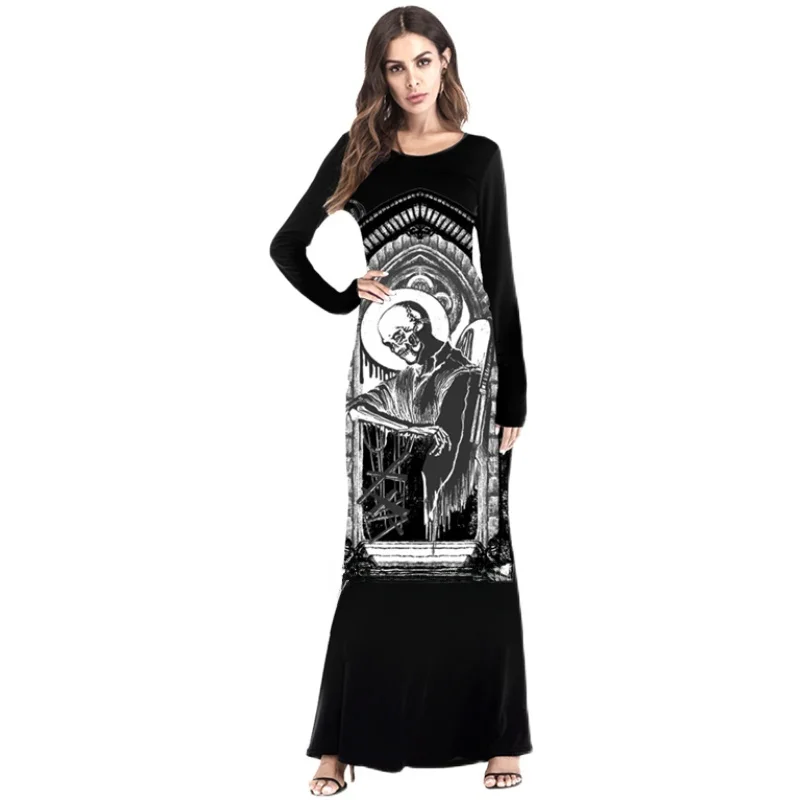 Loween Hero Zombie Sorcière Longue Sve ronde Ne Dr T-shirt imprimé Dr A-Line Jupe Polyester Trajet Sle