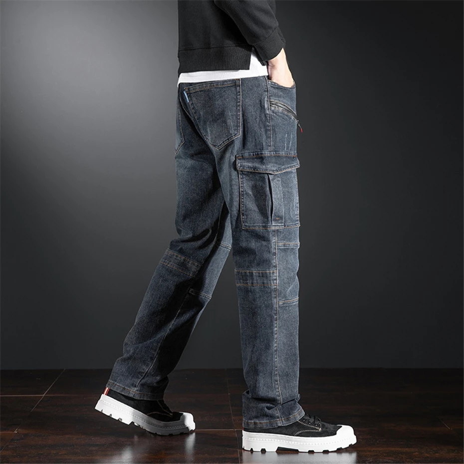 Plus Size Jeans hose Männer Straight Jeans Moto Biker Jeans Mode lässig blau Jeans hose männlich große Hose