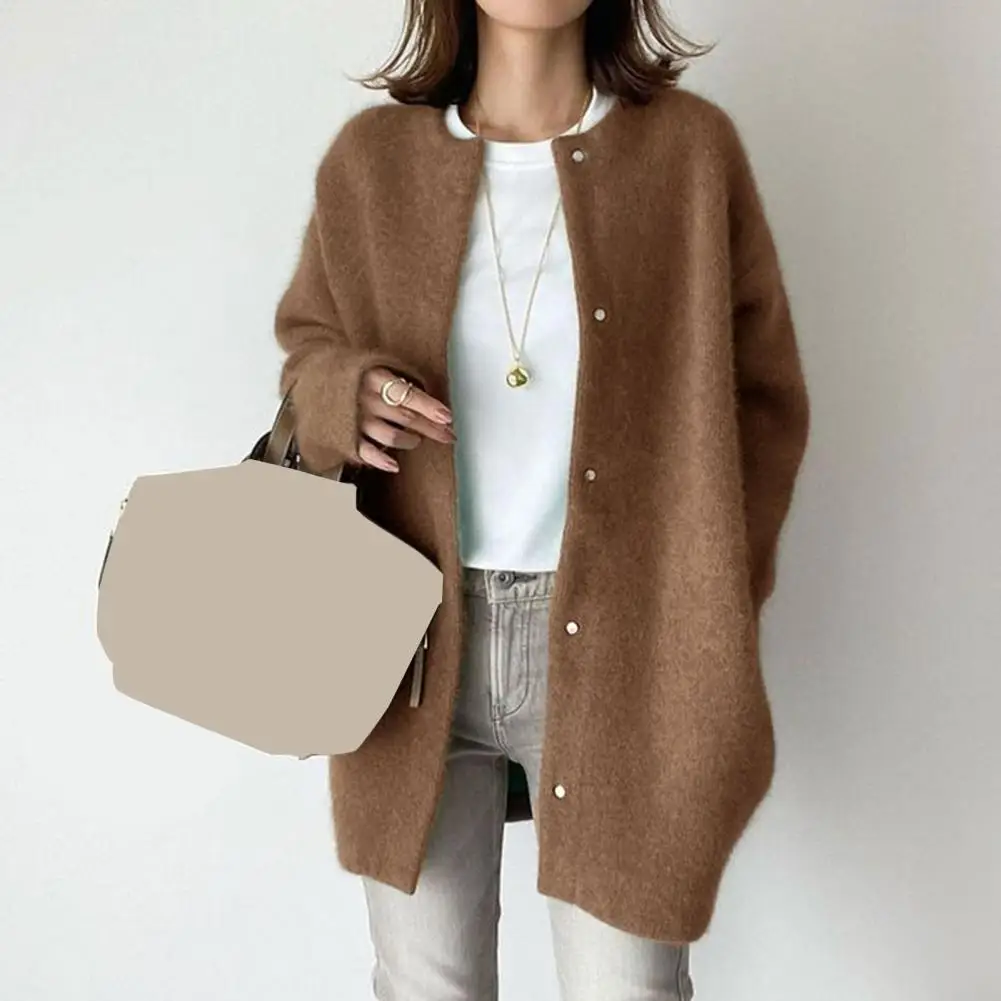 

Women Coat Elegant Round Neck Knit Coat for Women Solid Color Loose Fit Outwear with Long Sleeves Stylish Mid-length Winter