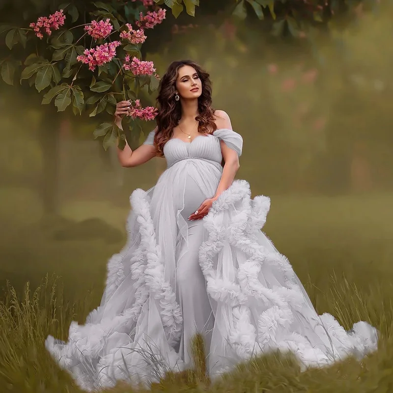 Fluffy Pink Tulle Maternity Robes for Photo Shoot Off Shoulder Tiered Ruffles Pregnant Women Dress Sexy Babyshower Gown