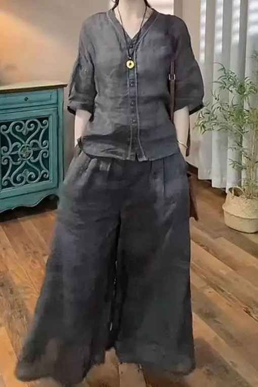 

Retro Slim Top + Wide-leg Pants Two-piece Set Ethnic Style Cotton and Linen Suit Women's 2025 Spring and Summer New Models