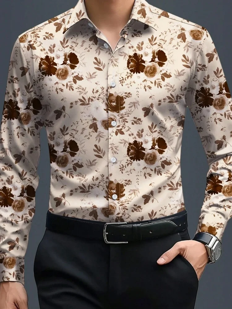 Rose flower print men's long sleeved shirt, lightweight, breathable, loose fitting shirt, European and American street vacation