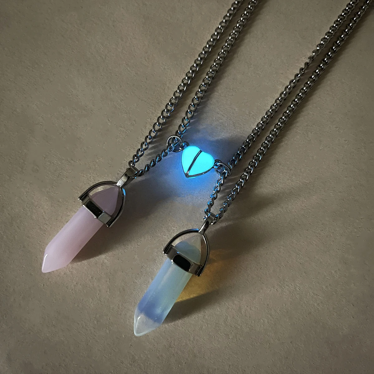 Luminous Grey Heart Pink White Hexagonal Column Couple Necklaces Glowing Dual-tone Jewelry for Men And Women