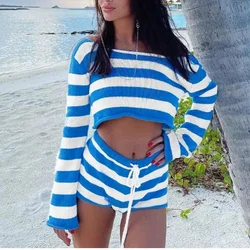 2024 Summer Knit Stripe Crop Top Shorts Sets Women Casual Long Sleeve Top Lace Up Female Suits Spring Beach Holiday Lady Suit