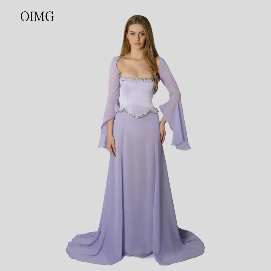 

OIMG Elegant Lavender A Line Prom Gowns Long Sleeves Beaded Party Gown Chiffon Floor Length Evening Dress Customized