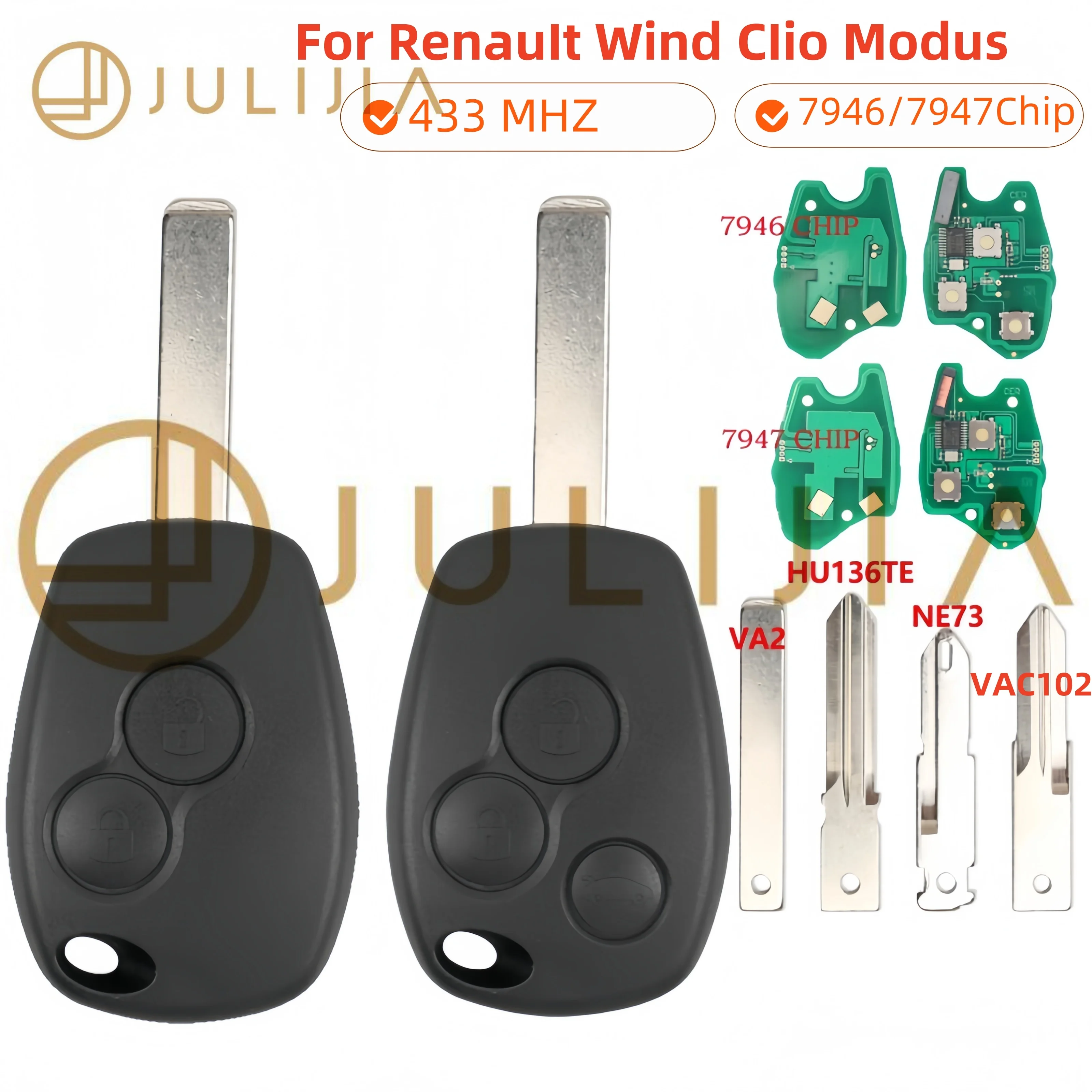 

JULIJIA Remote Key For Renault Clio Kangoo Master Modus Logan Twingo Fob 434MHZ 46 Chip/PCF7947/PCF7946/PCF7961/4a Chip