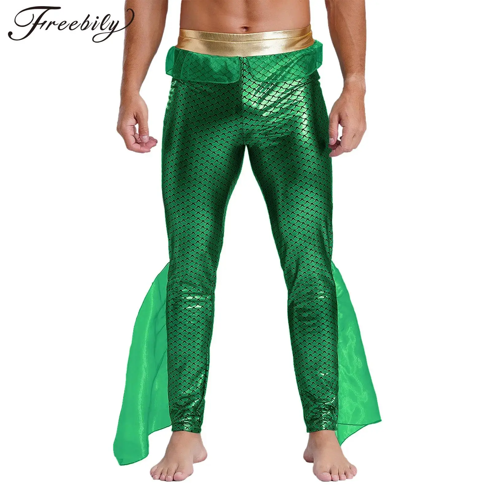 Calça sereia estampada em escala de peixe masculina, traje Halloween, rei do mar de Netuno, mitologia