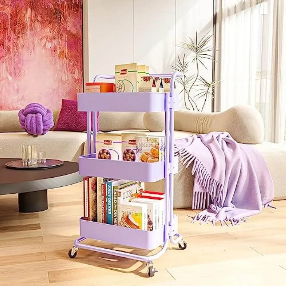 3-Tier Metal Rolling Utility Cart with Wheels, Multifunctional Organizer Storage for Office, Bedroom