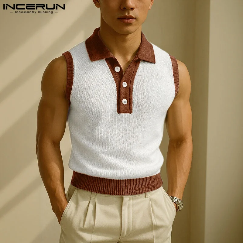 INCERUN Summer Men's Tank Tops Patchwork Lapel Sleeveless Button Casual Men Clothing Streetwear 2025 Fashion Male Vests S-5XL