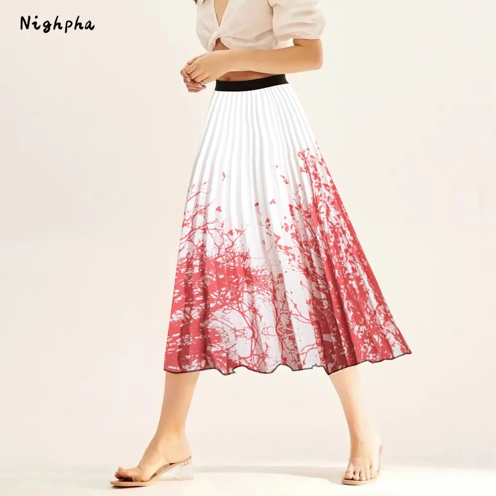 

Nighpha Midi Long Pleated Skirt with Elastic Waist Casual Versatile Printed A-line Skirt Summer