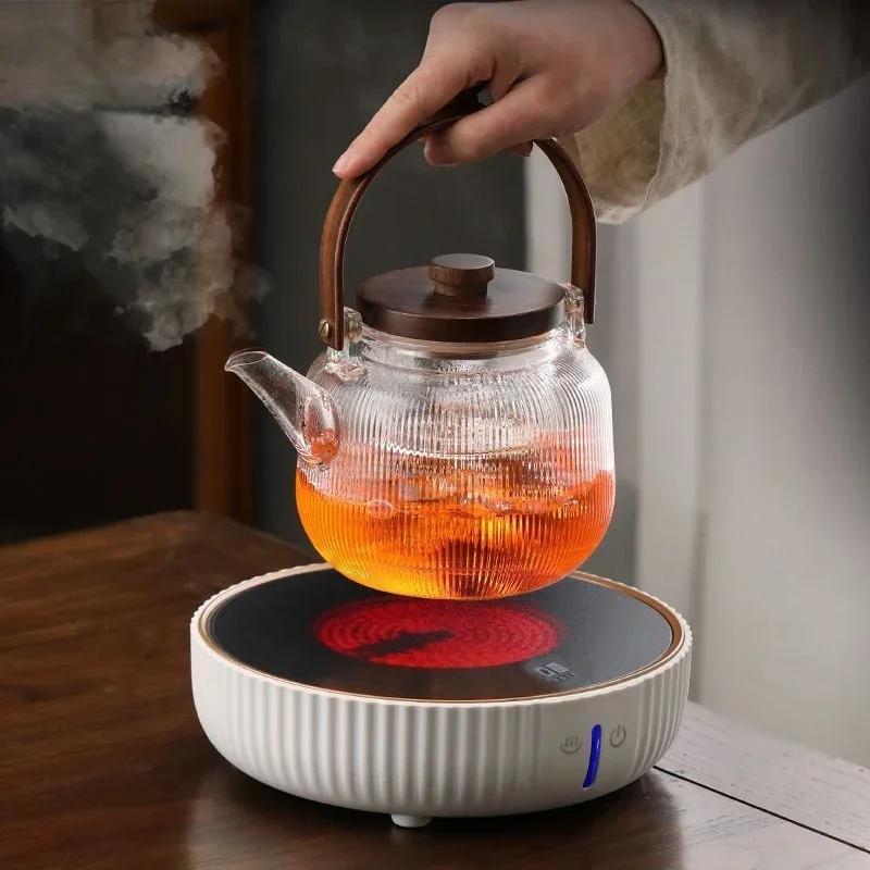 

Transparent Glass Tea Pot With Wooden Handle And Wooden Cover Stainless Steel Filter Steaming Of Tea Set Transparent