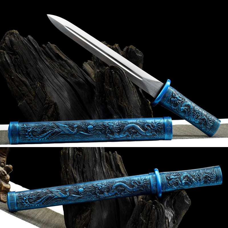 Chinese Tanto Sword High Manganese Steel Blade Sharp Real Full Tang Metal Samurai Swords Ready Battle Blue Dragon Katana