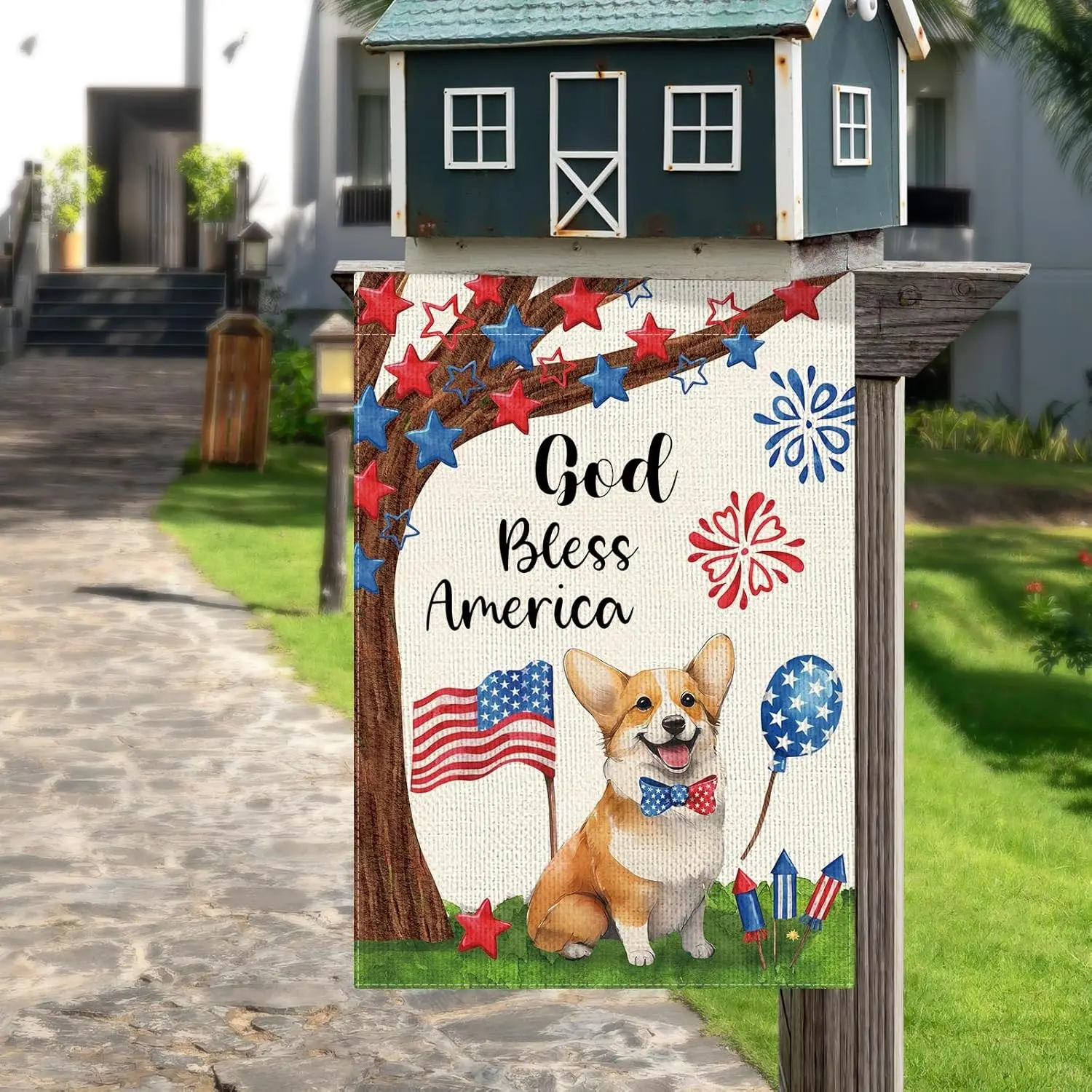 DLZDN God Bless America 4th of July كورجي حديقة الكلب العلم 12 × 18 بوصة مزدوجة الجانب العمودي الخيش مزرعة ساحة العلم Indepen HHU