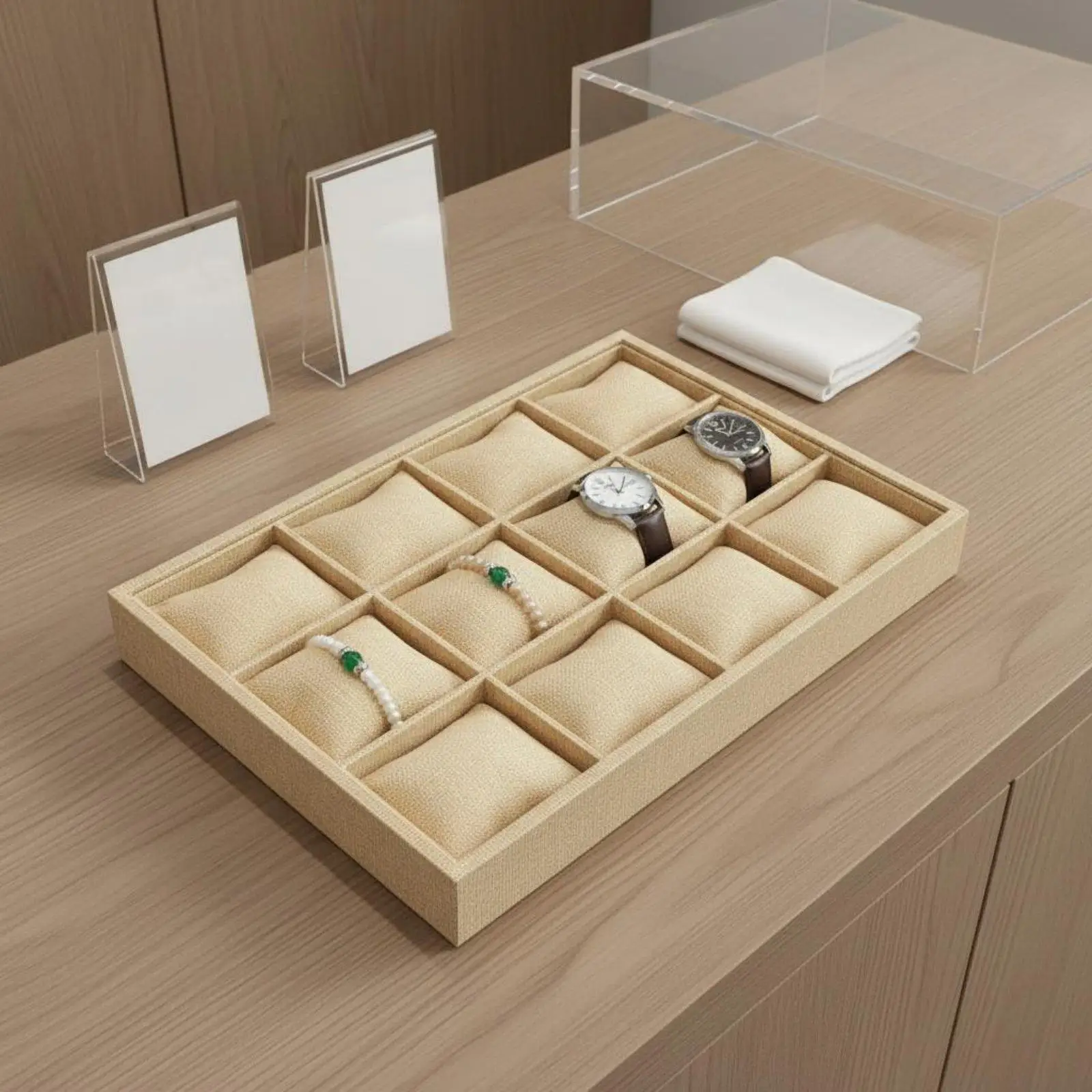 Linen Fabric Jewelry Holder Open Top Watch Box Bracelet Display Organizer Pillow Tray for Store Presentation view 5