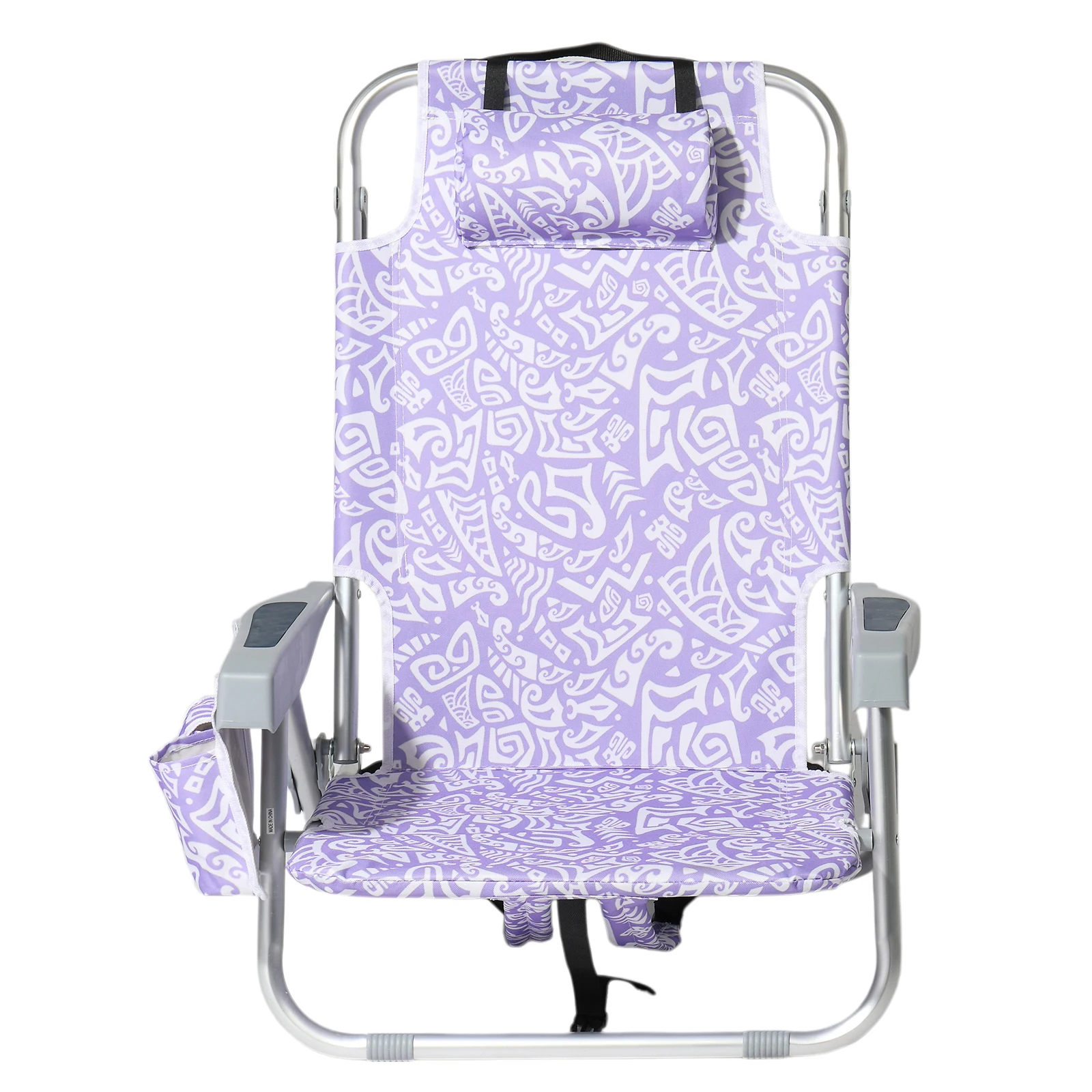 

5-Position Reclining Aluminum Beach Chair Purple Tribal Pattern with Headrest Cooler Bag Cup Holder Portable Outdoor 120KG