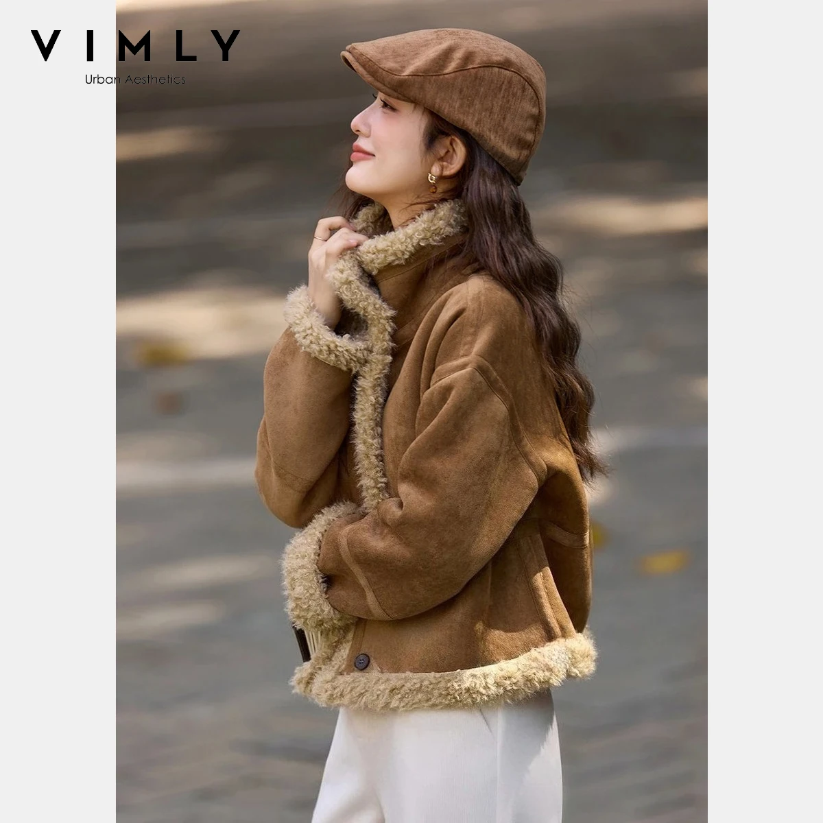 VIMLY chaqueta Vintage de piel sintética para mujer, abrigos femeninos de un solo pecho con forro polar y cuello de solapa, prendas de vestir exteriores de cuero cálidas 30555