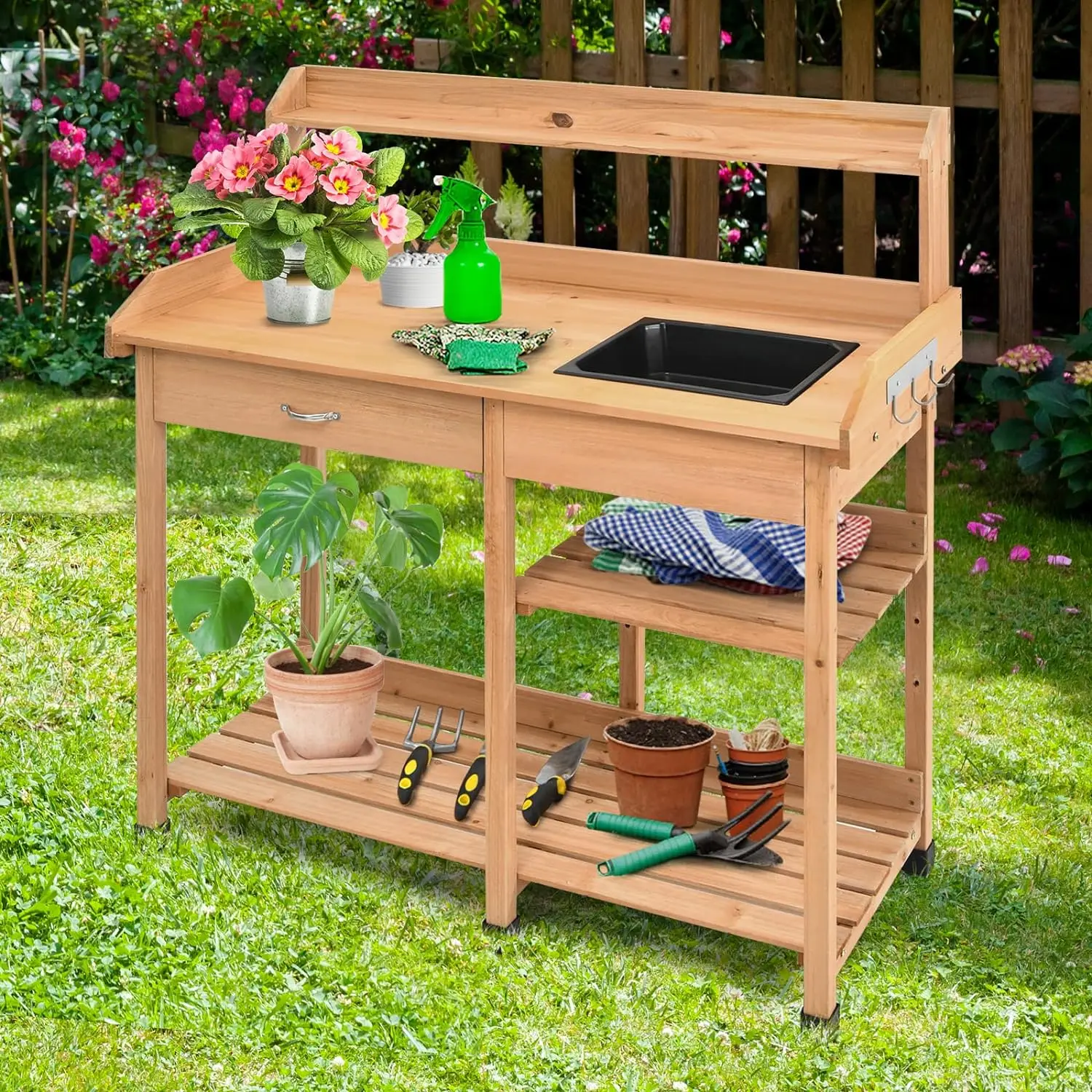 Giantex Garden Potting Bench Table Wood Potting Work Table for Yard Plant Lawn Patio Indoor Outdoor Workstation Flower