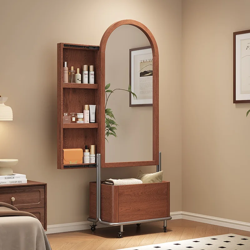 

Solid wood full body mirror floor mirror household bedroom sliding full-length mirror hidden with cabinet door movable