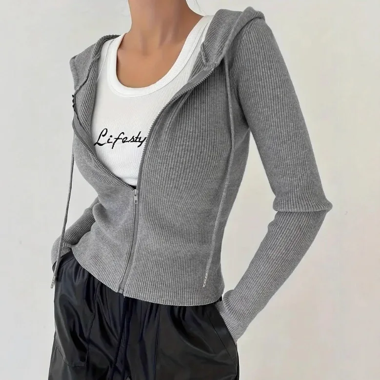 

2025 Autumn and Winter European and American Women's Knitted Zipper Hooded Jacket Fashionable Casual Knitted Sweater