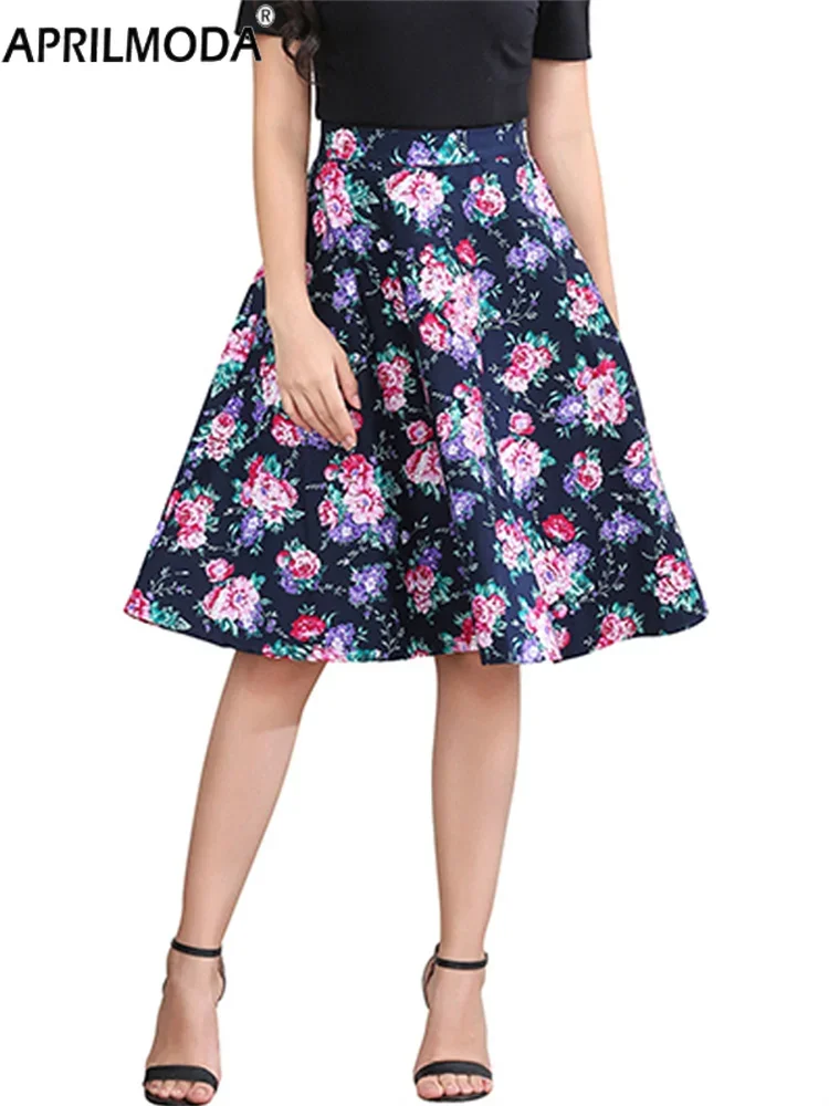 2024 New Retro Floral Print Vintage A Line Swing Skirts Womens 40s 50s 60s High Waist Midi Cotton Summer Rockabilly Pinup Skirts