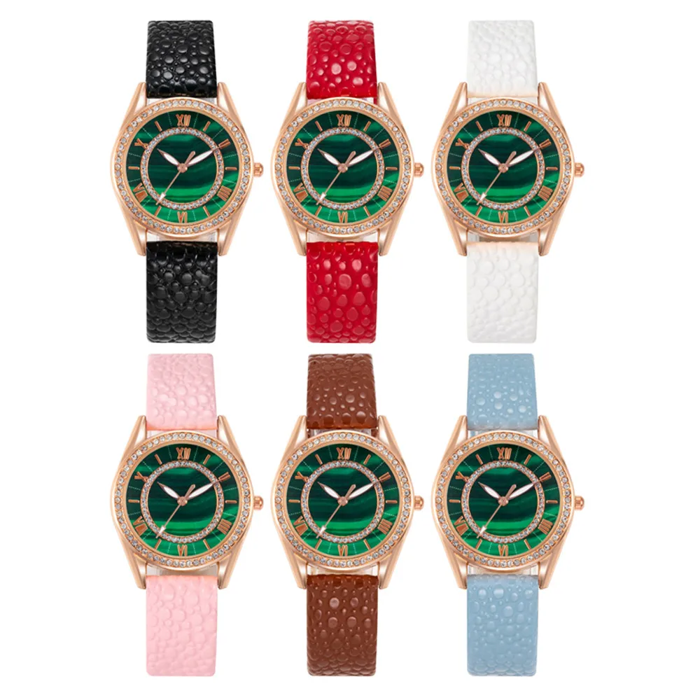 Relojes de lujo con diamantes para mujer, reloj de cuarzo con diseño de puntero verde esmeralda de Roma, cuero negro, regalo, 2023