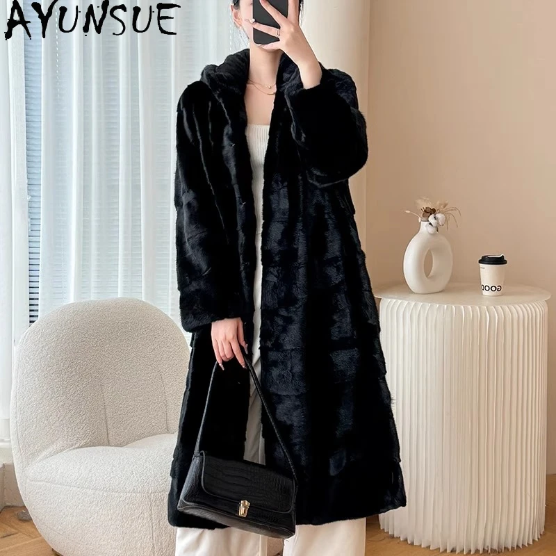 AYUNSUE معطف فرو المنك امرأة معطف الفرو الأسود 2025 معاطف الشتاء الجديدة للمرأة ملابس عصرية فاخرة للمرأة Pelzmantel Damen