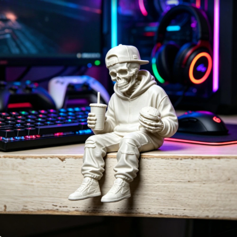 Hip‑Hop Foodie Skull Sitter Figurine 3D Print Cool Skeleton Ornaments Statue with Burger Drink Edge‑Sitting Bookshelf Home Decor