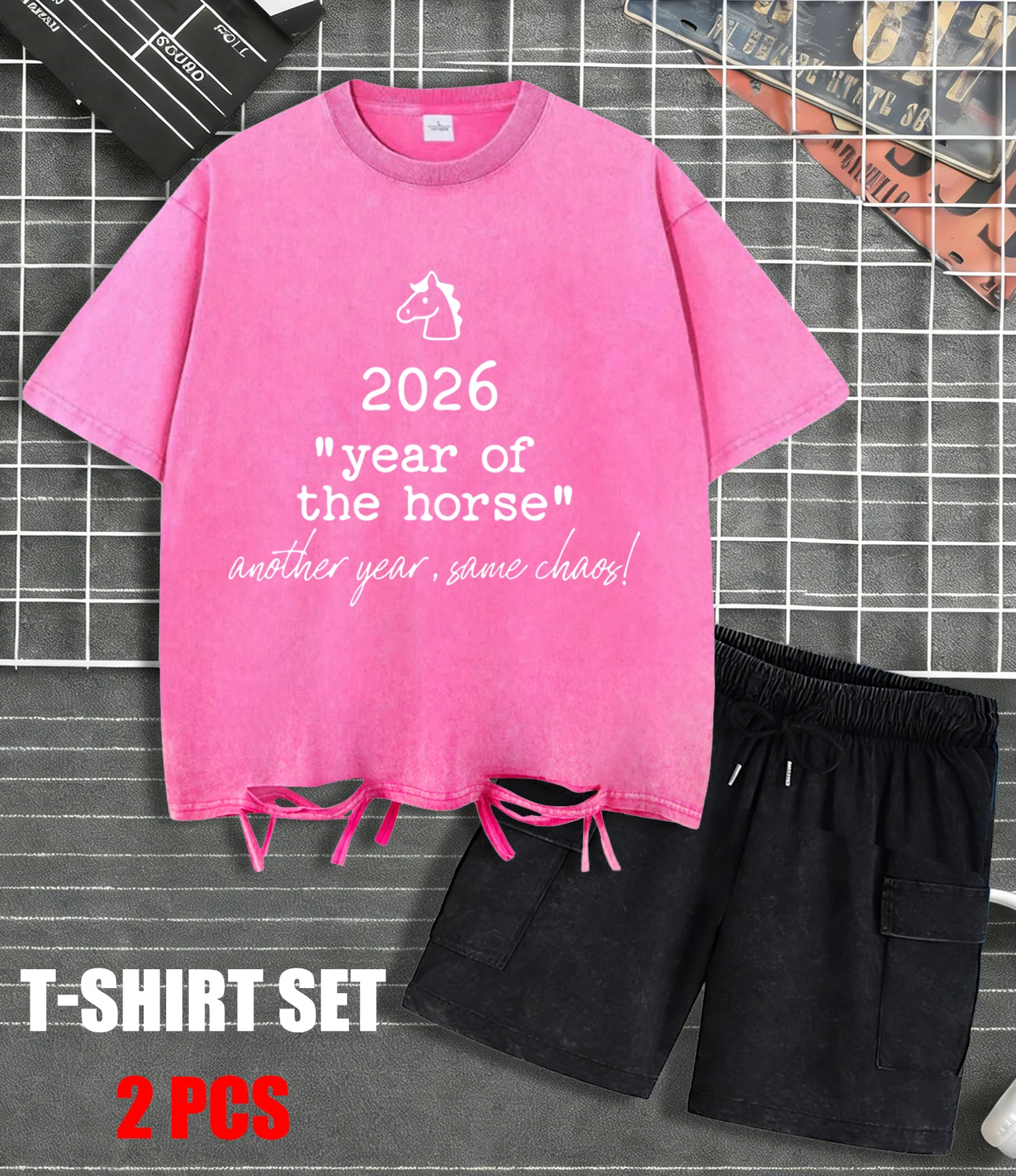 

2026 Year Of The Horse Prints Washed T-Shirt Men Casual Breathable Shorts Unisex Fashion Retro Wash Shortset Loose Cotton Tops