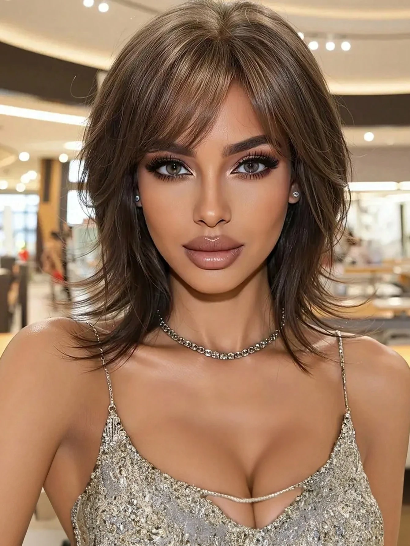 

12inch Short Mullet Wig with Bangs, Synthetic Straight Hair, Women's Style, Black/Brown, Short Hair Wig, Suitable for Daily Wear, Parties, and Cosplay