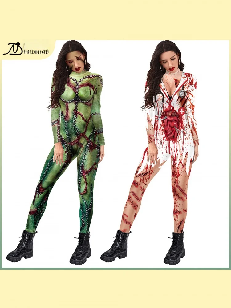 2024 Autunno loween Sangue Infermiera Tuta Cosplay Stampa Digitale Slim Fit Vestito di Seta del Latte Materiale Costume di Scena Faion delle Donne