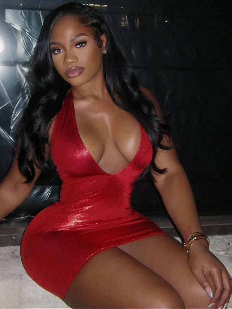Strano gato vestido de fiesta de Navidad mujer Halter Sexy Y2K espalda descubierta sin mangas flaco melocotón cadera medianoche Clubwear vacaciones ceñido al cuerpo