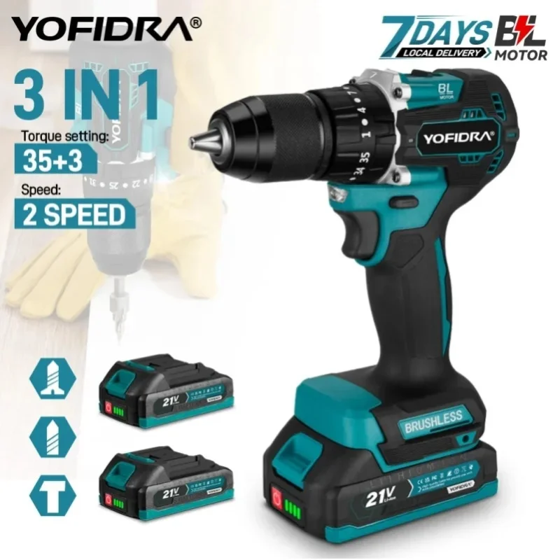 YOFIDRA 13MM 35+3 Drehmoment Bürstenloser Elektrischer Schlagbohrer 3 IN 1 Kabelloser Elektrischer Schraubendreher DIY-Elektrowerkzeug für Makita 21V Akku