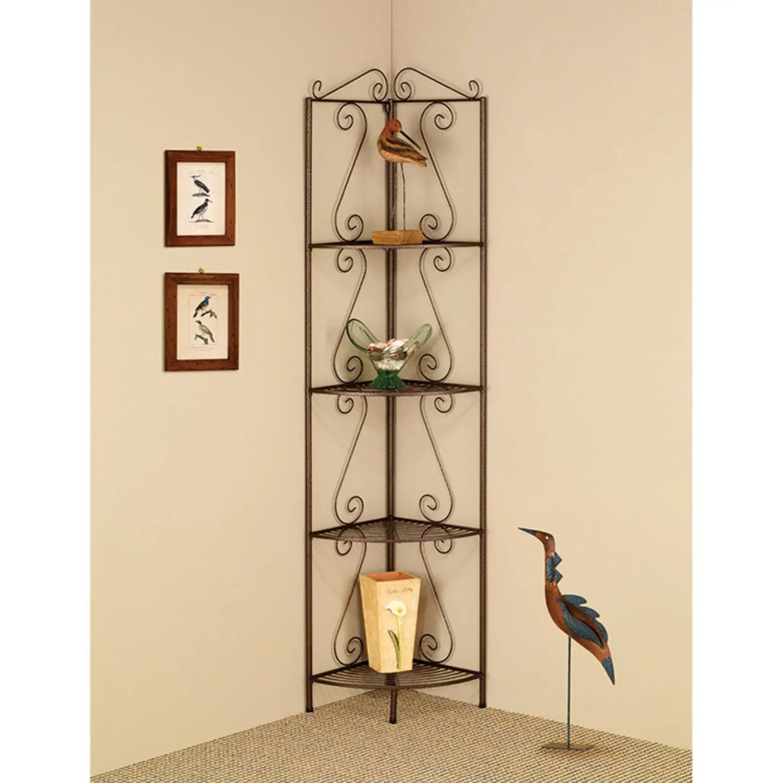 Four Tier Metal Foldable Corner Bookcase With Decorative Scrolled Details, Black