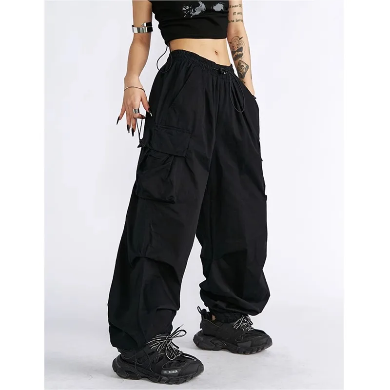 1 Stück Damen-Cargohose | Amerikanischer High-Street-Streetwear-Stil | Kordelzug, hohe Taille, lockere Passform, gerades Bein, weites Bein – Detail 8