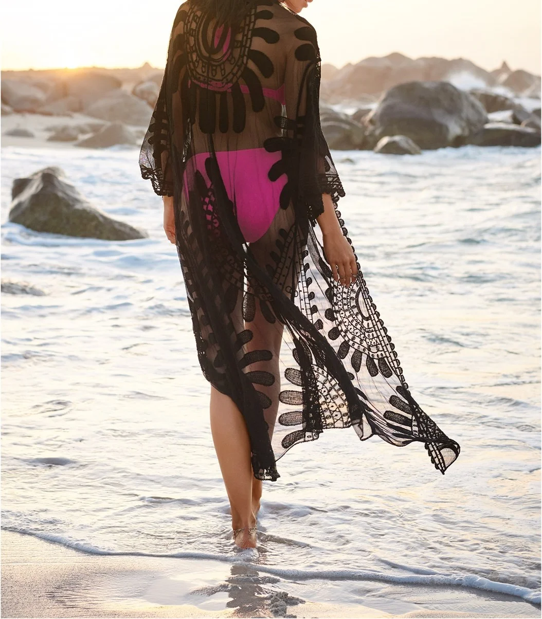 Women's Lace Beach Cover Up Fashion Sheer Floral Pattern Kimono Cardigan for Swimwear Hot Long Beachwear Wrap