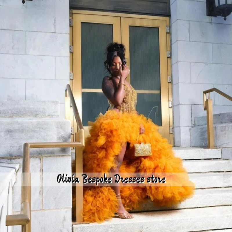 Personalizado aso ebi laranja babados vestido de baile preto meninas cristais dourados miçangas vestido de aniversário formal vestido de festa