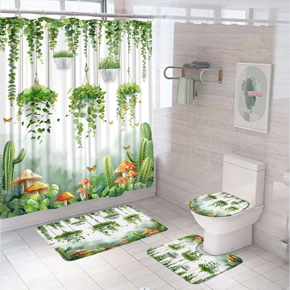 Green Leaves Plant Shower Curtain Set Bathroom Decor Country Potted Mushroom Cactus Scenery Butterfly Bath Mat Rug Toilet Cover